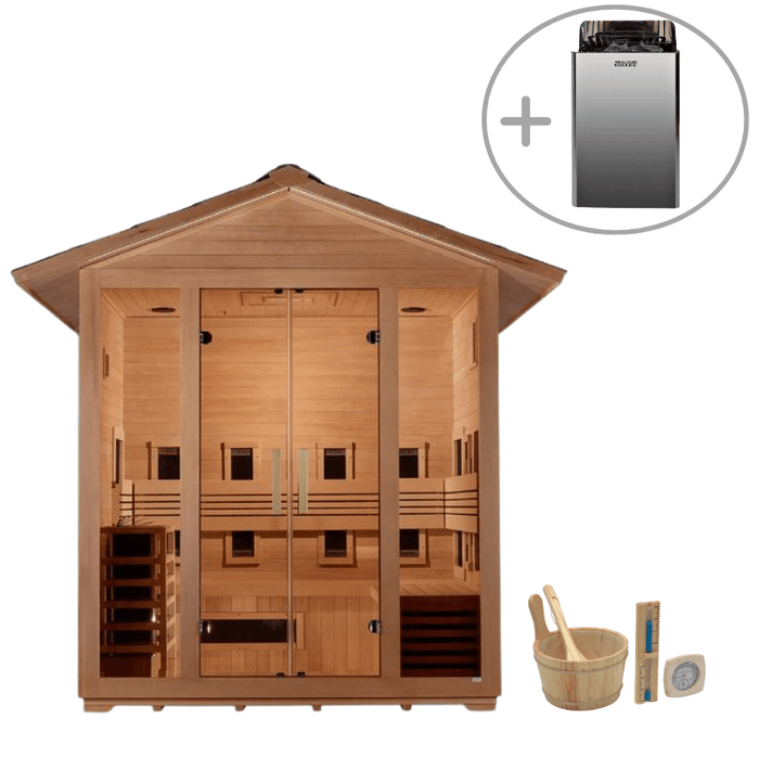 Golden Designs Gargellen 5-Person Hybrid Full Spectrum Infrared & Harvia Traditional Electric Heater Sauna Kit | GDI‐8125‐01