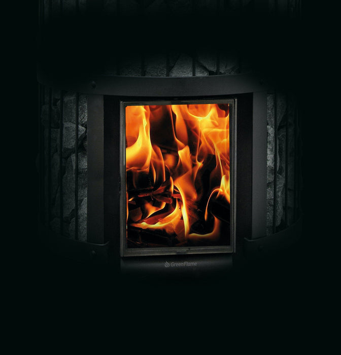 Harvia Legend 240 GreenFlame 15.9kW Wood Burning Stove Package w/ Chimney Kit, Rock Cage, Protective Bedding, Sheath, Stones
