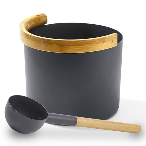 KOLO Black/White 1 Gallon Sauna Bucket+Ladle, Bamboo/Aluminum