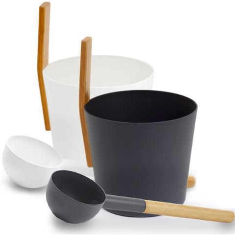 KOLO Black/White 1 Gallon Sauna Bucket + Ladle Bamboo/Aluminum