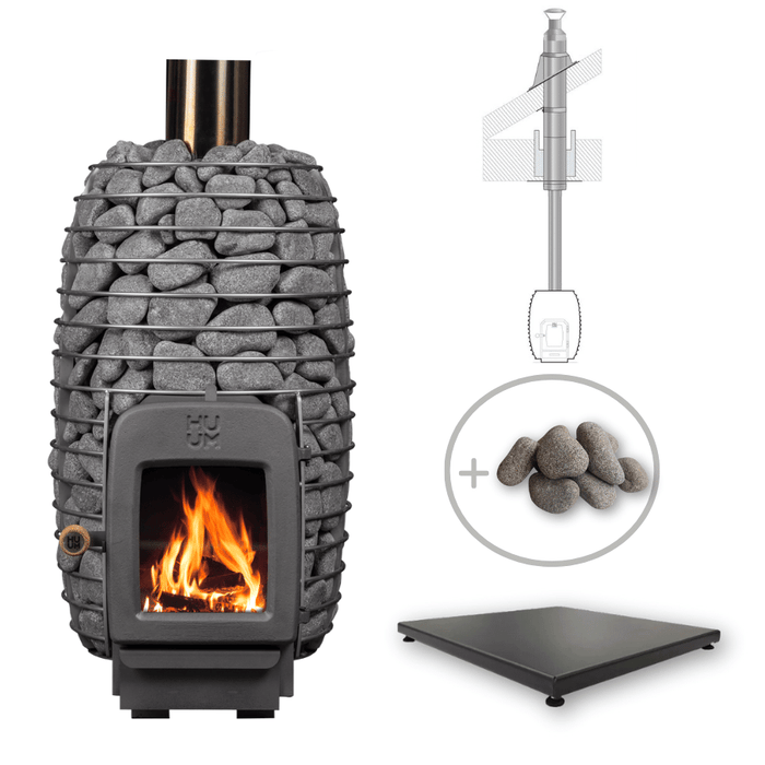 HUUM HIVE HEAT 12kW Wood Burning Sauna Stove Package w/ Thru-Roof Chimney and Stones and Floor Protection