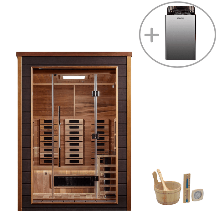 Golden Designs Nora 2-Person Hybrid Full Spectrum Infrared & Harvia Traditional Electric Heater Sauna Kit | GDI-8222-01