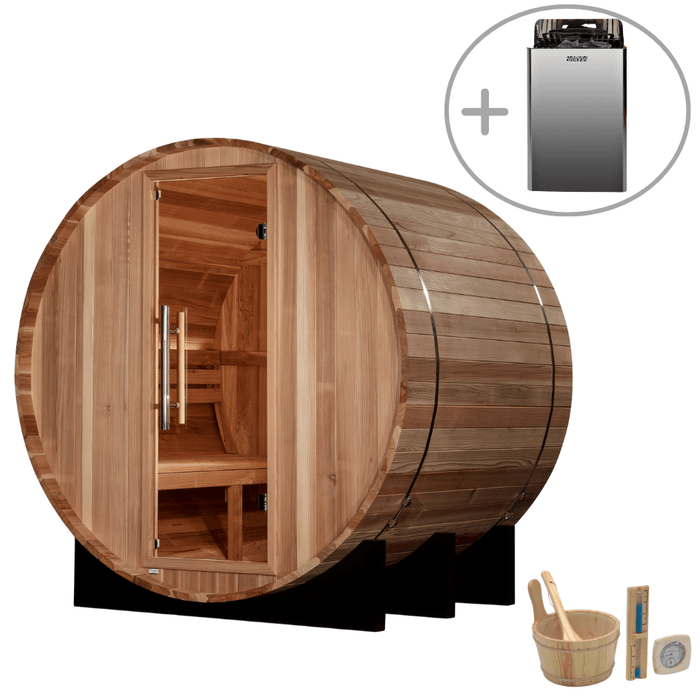 Golden Designs St. Moritz 2-4 Person Cedar Barrel Sauna & Harvia The Wall Electric Heater Kit | GDI-B002-01