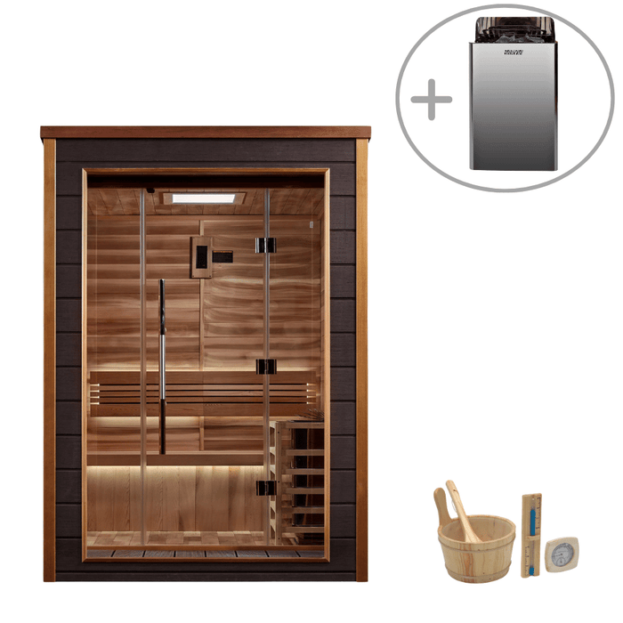 Golden Designs Narvik 2-Person Cedar Outdoor Sauna & Harvia The Wall Electric Heater Kit | GDI-8202-01