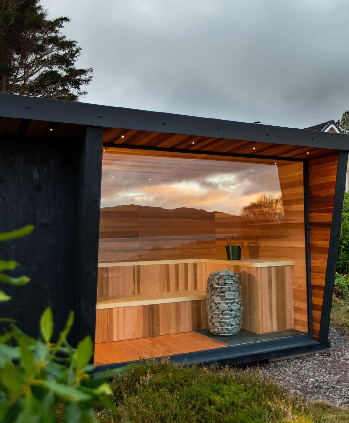 Custom Modern Outdoor Sauna With Glass Wall and HUUM Hive Mini