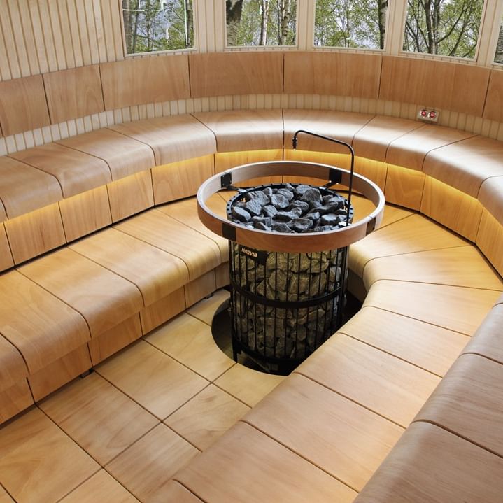 Custom Rounded Sauna Benches With Center Electric Heater and Auto Water Dispenser