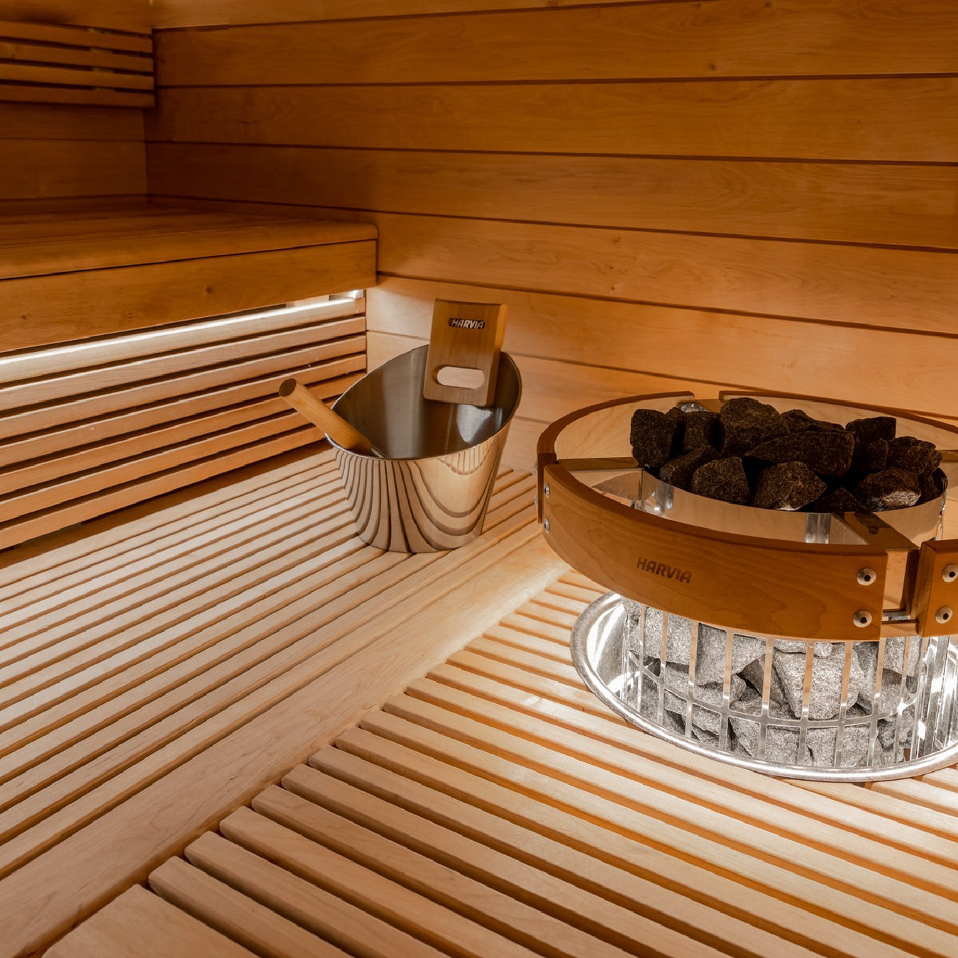 Custom Sauna Duckboard Flooring With Recessed Cilindro Heater