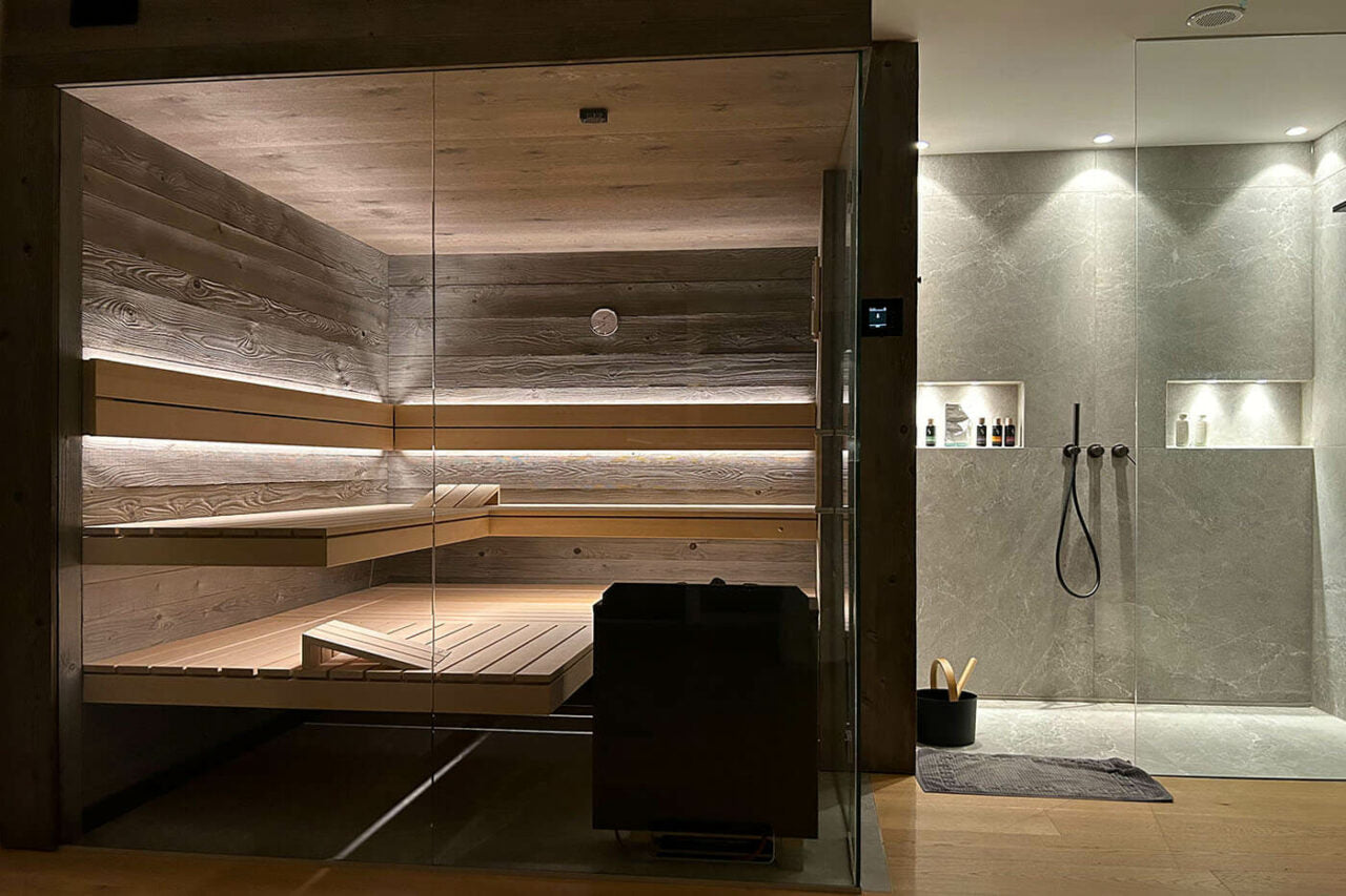 Custom Sauna In Bathroom With Wide 2 Tier Benches