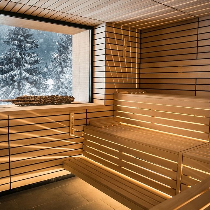 Custom Sauna With 2 Tier Benches and Bench Skirts with Snowy Window View