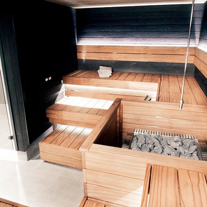 Custom Sauna With 3 Tier Benches and Black Walls