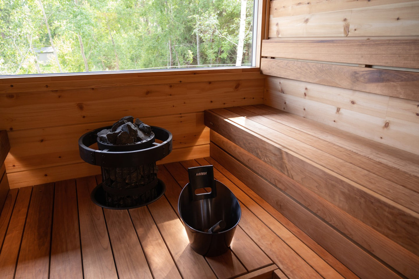 Custom Sauna With Heater in Floor Between Benches