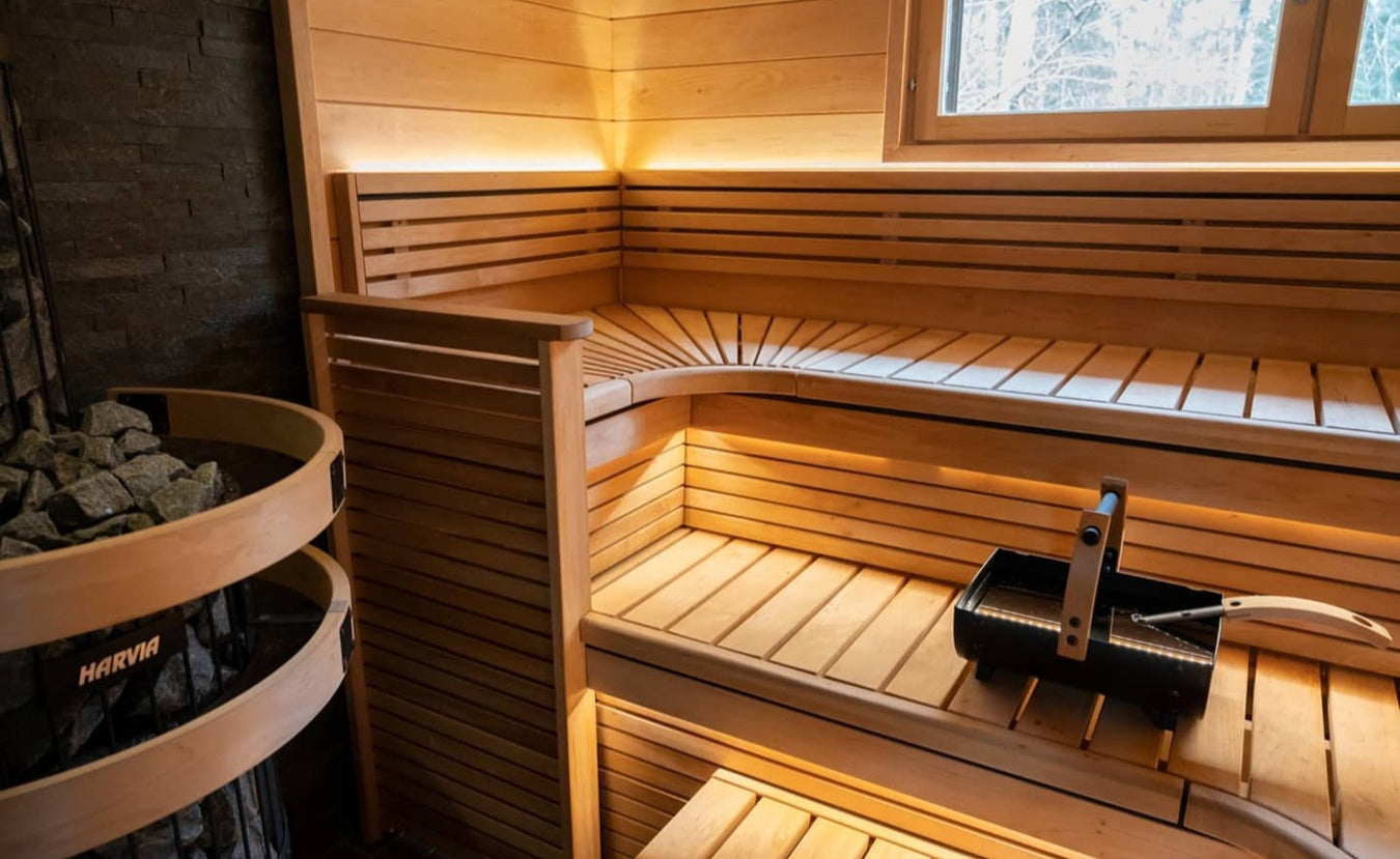 Custom Sauna With Premium Curved Bench and Harvia Legend Heater