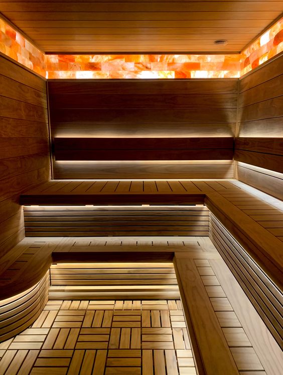 Custom Sauna With Unique Floor Design, 2 Tier Benches, and Himalayan Salt With Backlighting