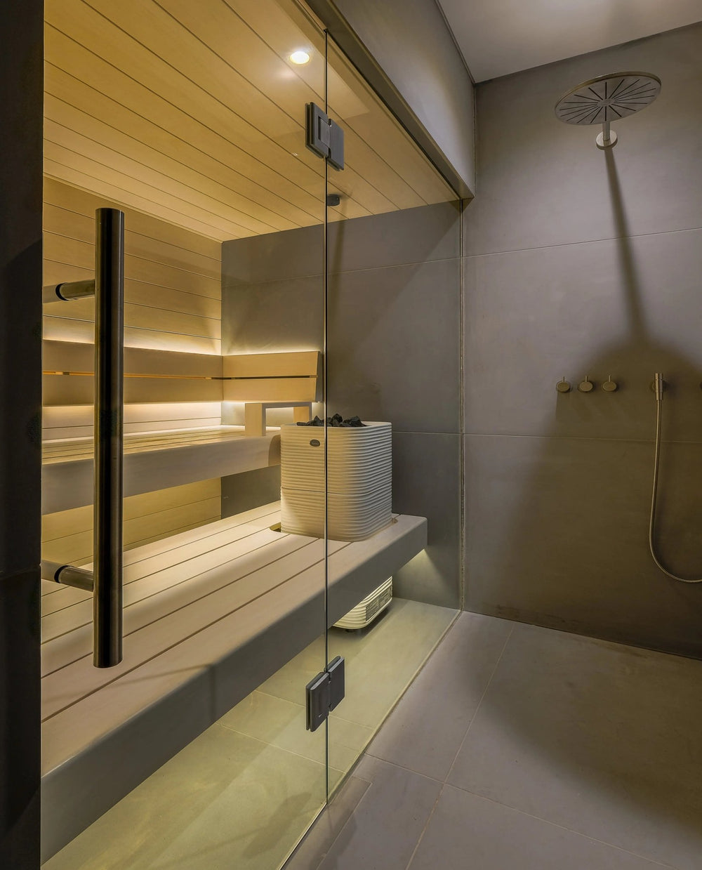 Custom Sauna in Bathroom With Glass Wall and Shower