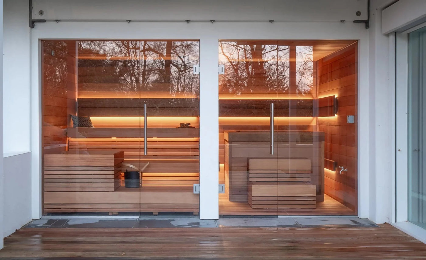 Custom Sauna on Patio with Large Glass Windows and Two Doors