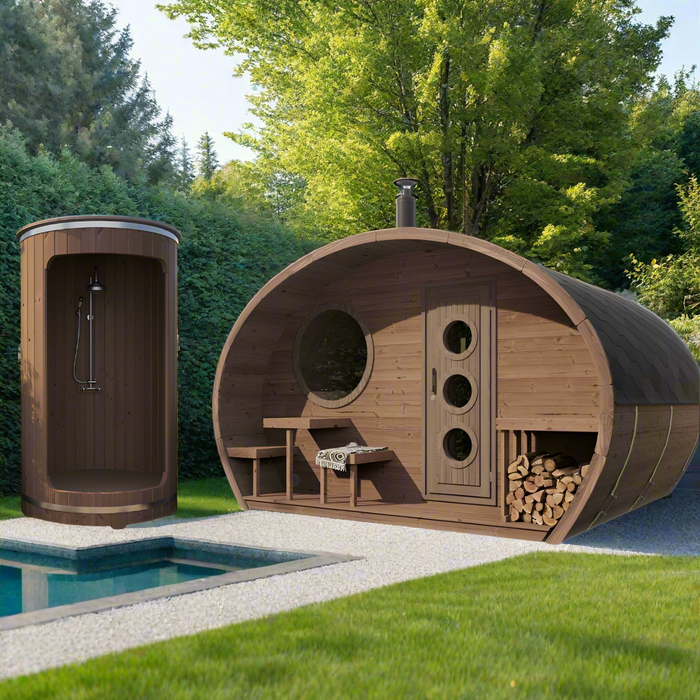 SaunaLife 8 Person Outdoor Barrel Sauna with Changeroom  | G11