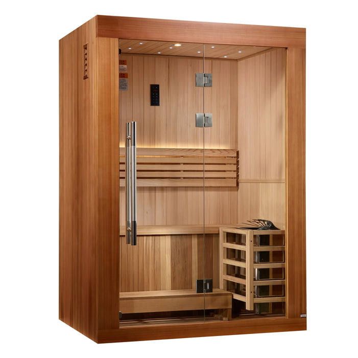 Golden Designs Sundsvall 2-Person Indoor Sauna & Harvia Traditional Electric Heater Kit | GDI-7289-02