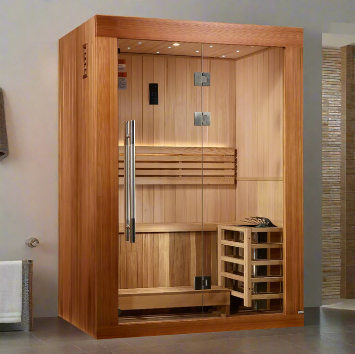 Golden Designs Sundsvall 2-Person Indoor Sauna & Harvia Traditional Electric Heater Kit | GDI-7289-02