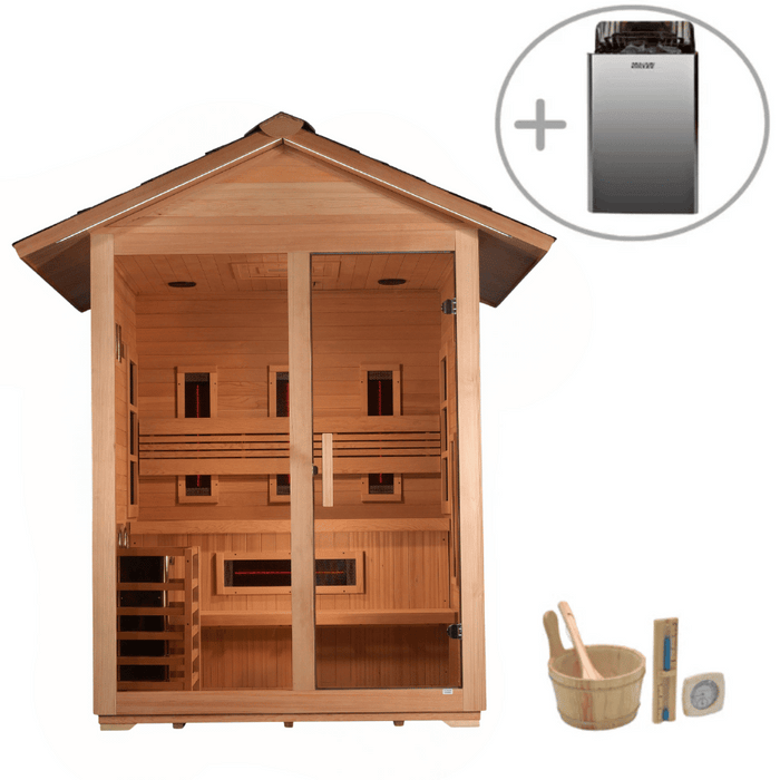 Golden Designs Carinthia 3-Person Hybrid Outdoor Sauna w/ Full Spectrum Infrared & Harvia Traditional Electric Heater Kit | GDI-8123-01