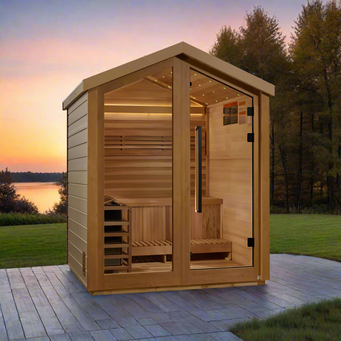 Golden Designs Savonlinna 3-Person Red Cedar Outdoor Sauna & Harvia Traditional Electric Heater Kit | GDI-8503-01