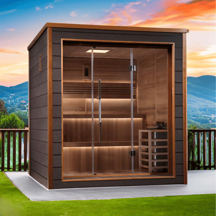 Golden Designs Bergen 6-Person Cedar Outdoor Sauna & Harvia The Wall Electric Heater Kit | GDI-8206-01