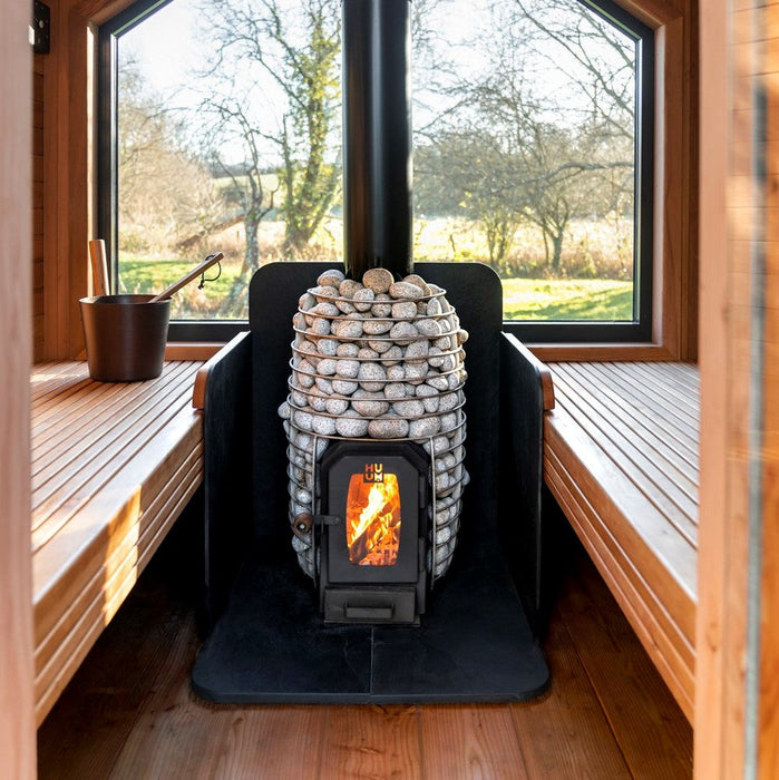 HUUM HIVE WOOD 13kW Wood Burning Sauna Stove Package w/ Thru-Roof Chimney and Stones and Floor Protection