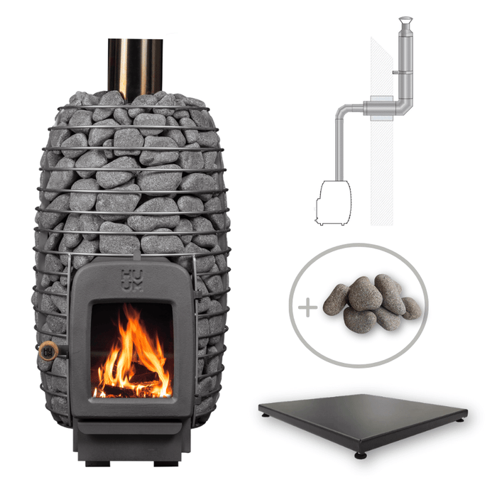 HUUM HIVE HEAT 12kW Wood Burning Sauna Stove Package w/ Thru-Wall Chimney and Stones and Floor Protection