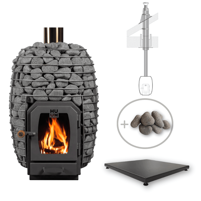 HUUM HIVE 17kW Wood Burning Sauna Stove Package w/ Thru-Roof Chimney and Stones and Floor Protection