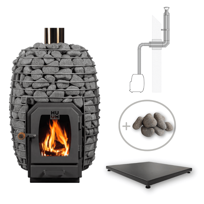 HUUM HIVE 17kW Wood Burning Sauna Stove Package w/ Thru-Wall Chimney and Stones and Floor Protection