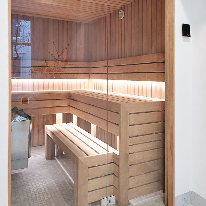 Harvia KIP in custom glass sauna