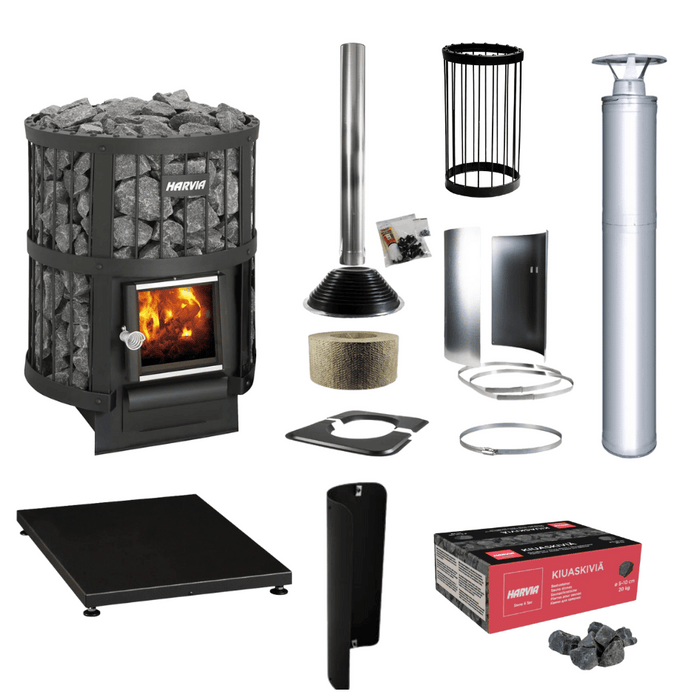 Harvia Legend 150 16kW Wood Burning Stove Package w/ Chimney Kit, Rock Cage, Protective Bedding, Sheath, Stones