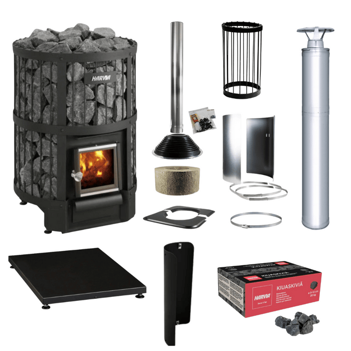 Harvia Legend 240 21kW Wood Burning Stove Package w/ Chimney Kit, Rock Cage, Protective Bedding, Sheath, Stones