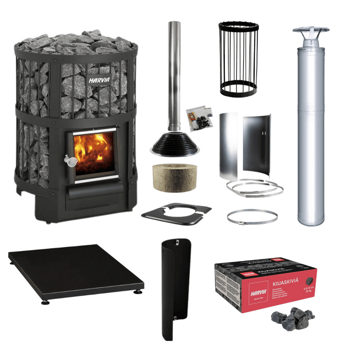 Harvia Legend 300 23.5kW Wood Burning Stove Package w/ Chimney Kit, Rock Cage, Protective Bedding, Sheath, Stones