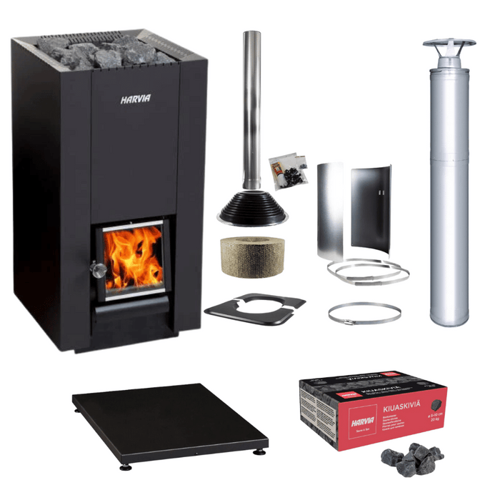 Harvia Linear 28 22kW Wood Burning Stove Package w/ Chimney Kit, Protective Bedding, Stones