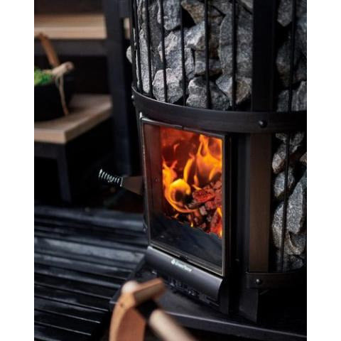 Harvia Legend 240 GreenFlame 15.9kW Wood Burning Stove Package w/ Chimney Kit, Rock Cage, Protective Bedding, Sheath, Stones