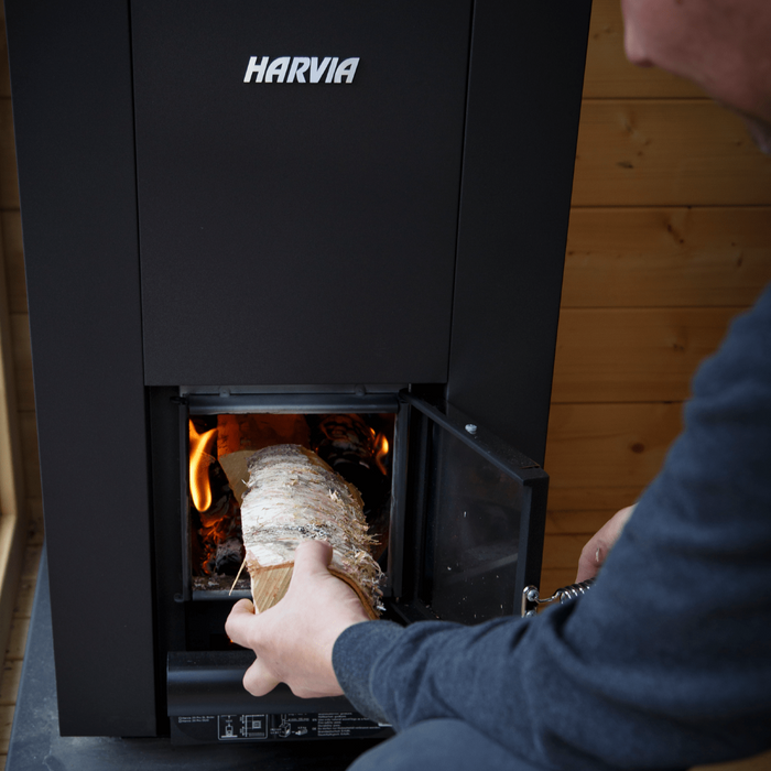 Harvia Linear 16 17.9k Wood Burning Stove Package w/ Chimney Kit, Protective Bedding, Sheath, Stones