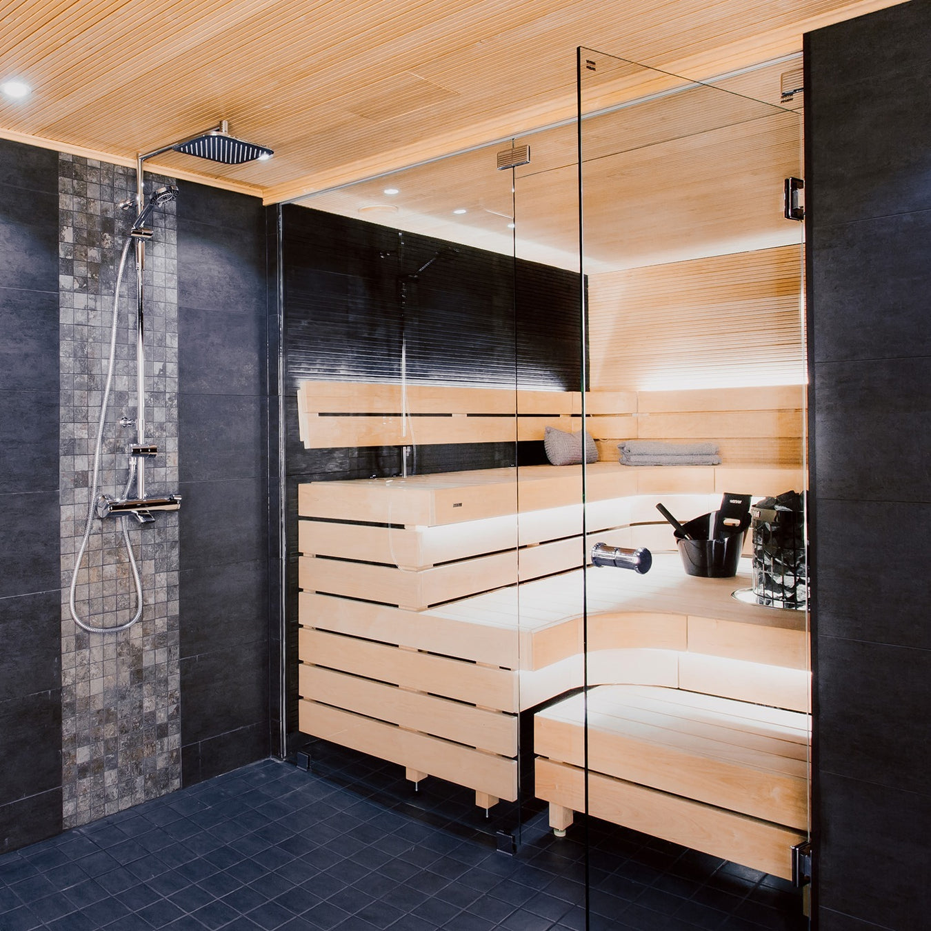 Light Custom Sauna Room With Contrasting Walls By Shower