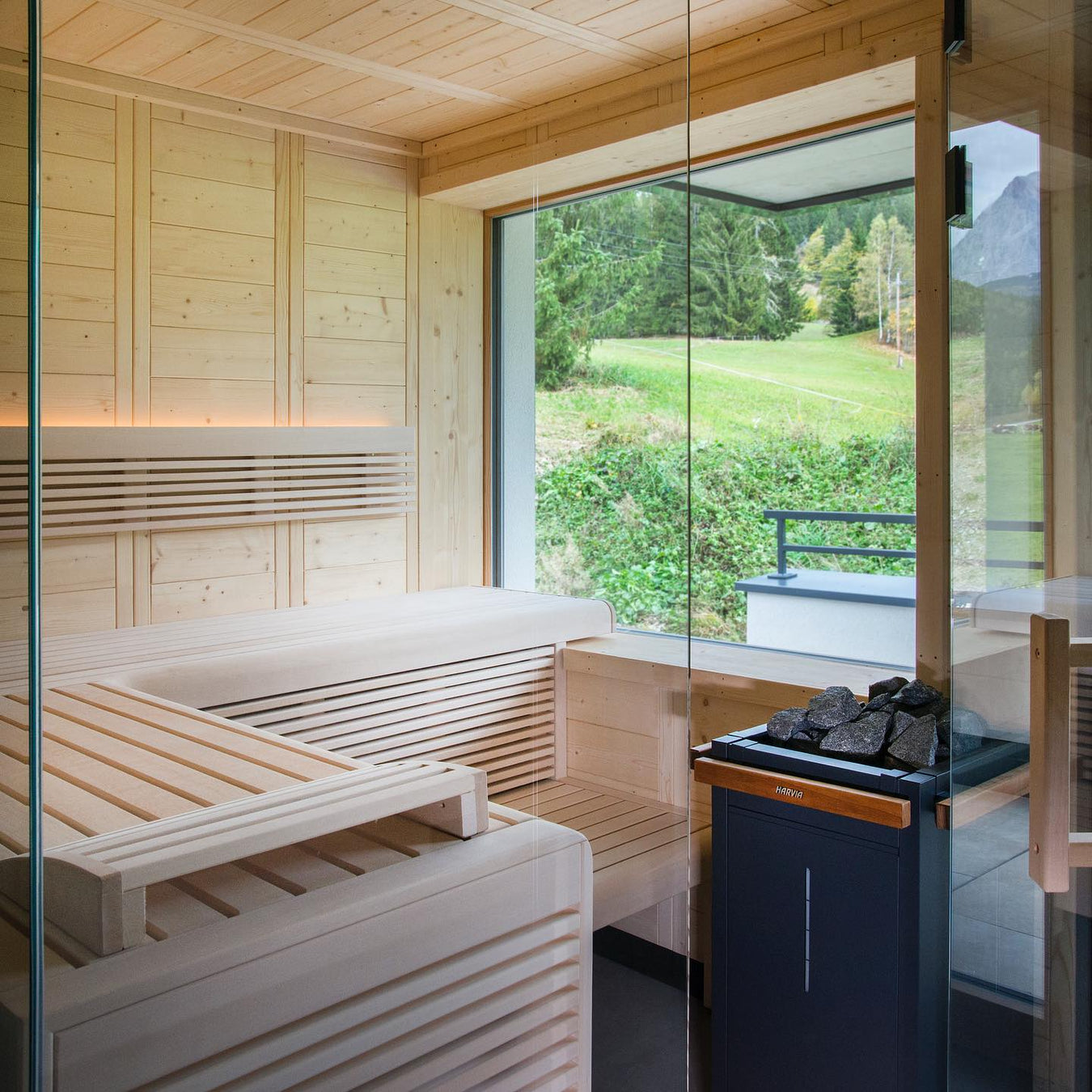 Light Wood Custom Sauna With Glass Windows, Door, and Harvia Virta Combi Heater