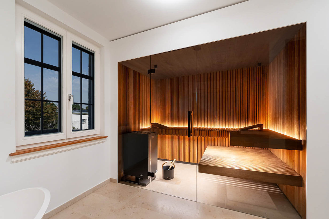 Luxury Dark Custom Sauna With Glass Front in Bathroom