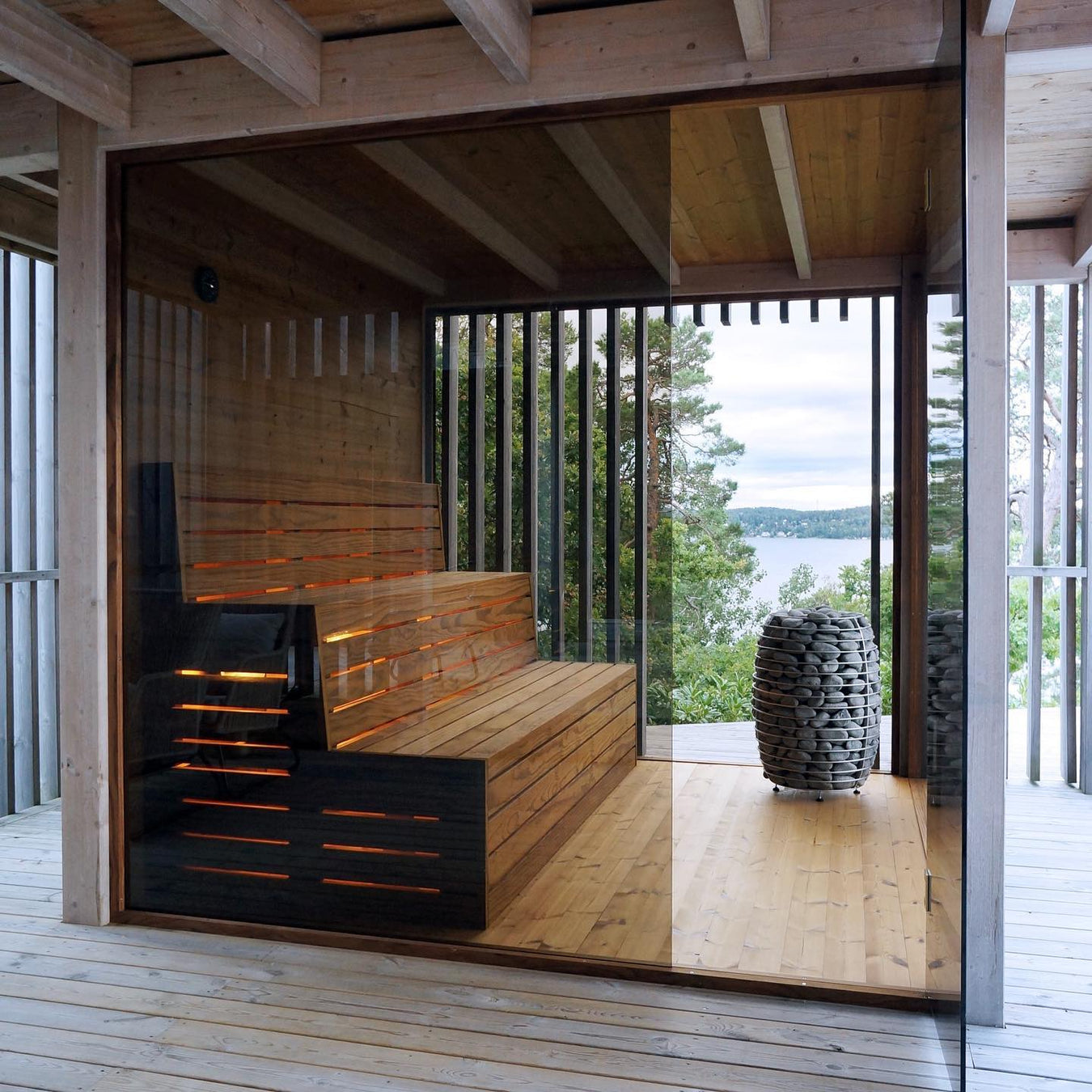 Outdoor Custom Sauna With HIVE Electric Heater and Glass Wall