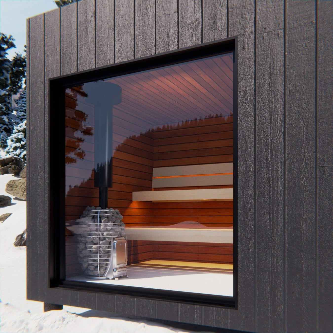 Premium Black Outdoor Sauna With Glass Window and HUUM Wood Burning Stove