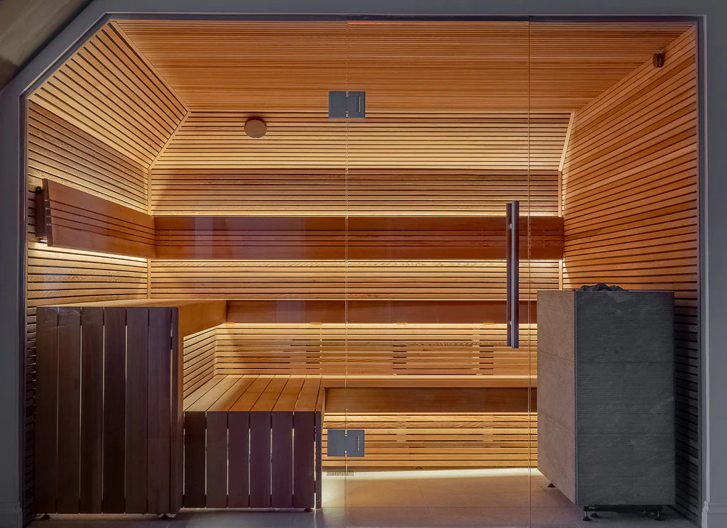 Premium Gold Custom Sauna With Large Gap Horizontal Wall Cladding