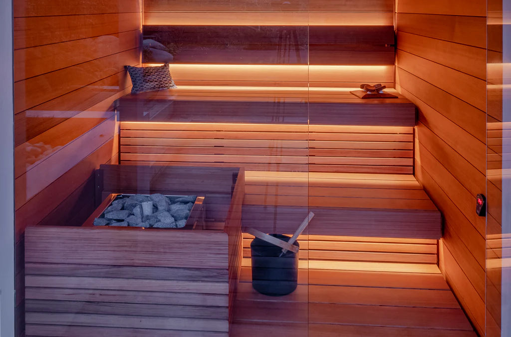 Redwood Custom Sauna With Heater Guard and 2 Tier Benches