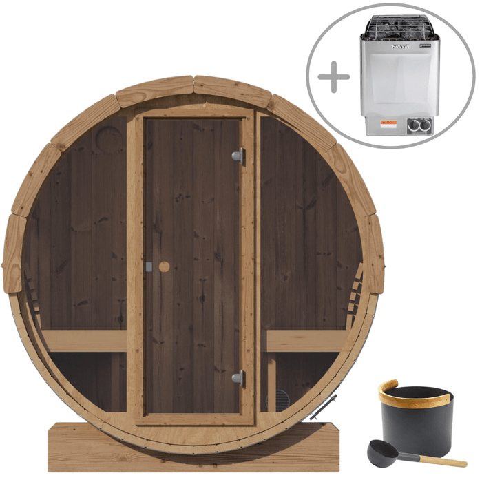 SaunaLife 4 Person Panoramic Barrel Sauna & Harvia KIP Electric Heater Kit