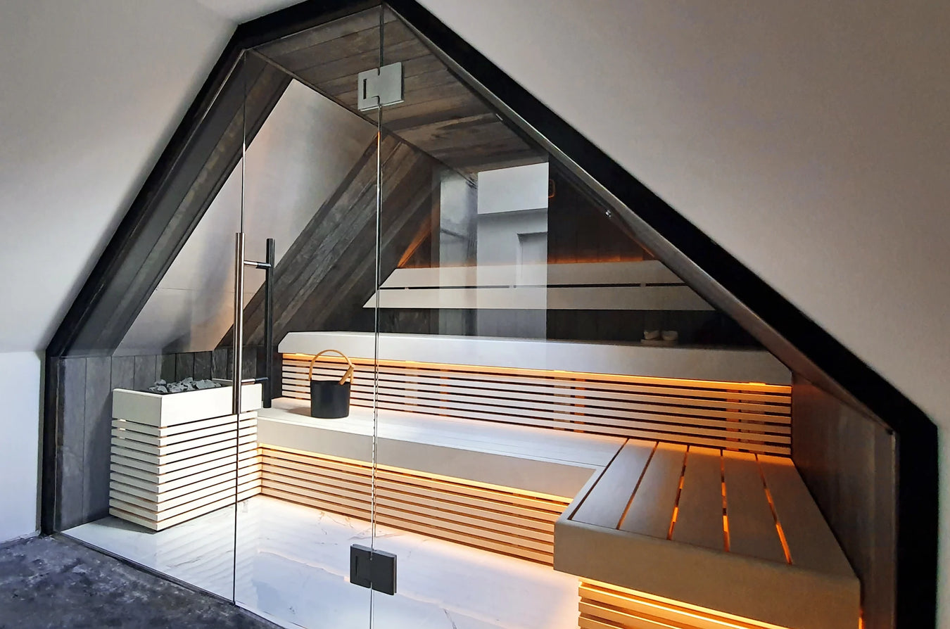 Triangular Custom Sauna Build in Attic With Glass Wall