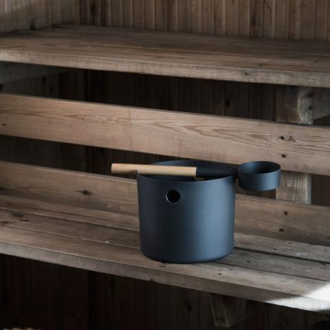 KOLO Black/White 1 Gallon Sauna Bucket + Ladle, Bamboo/Aluminum