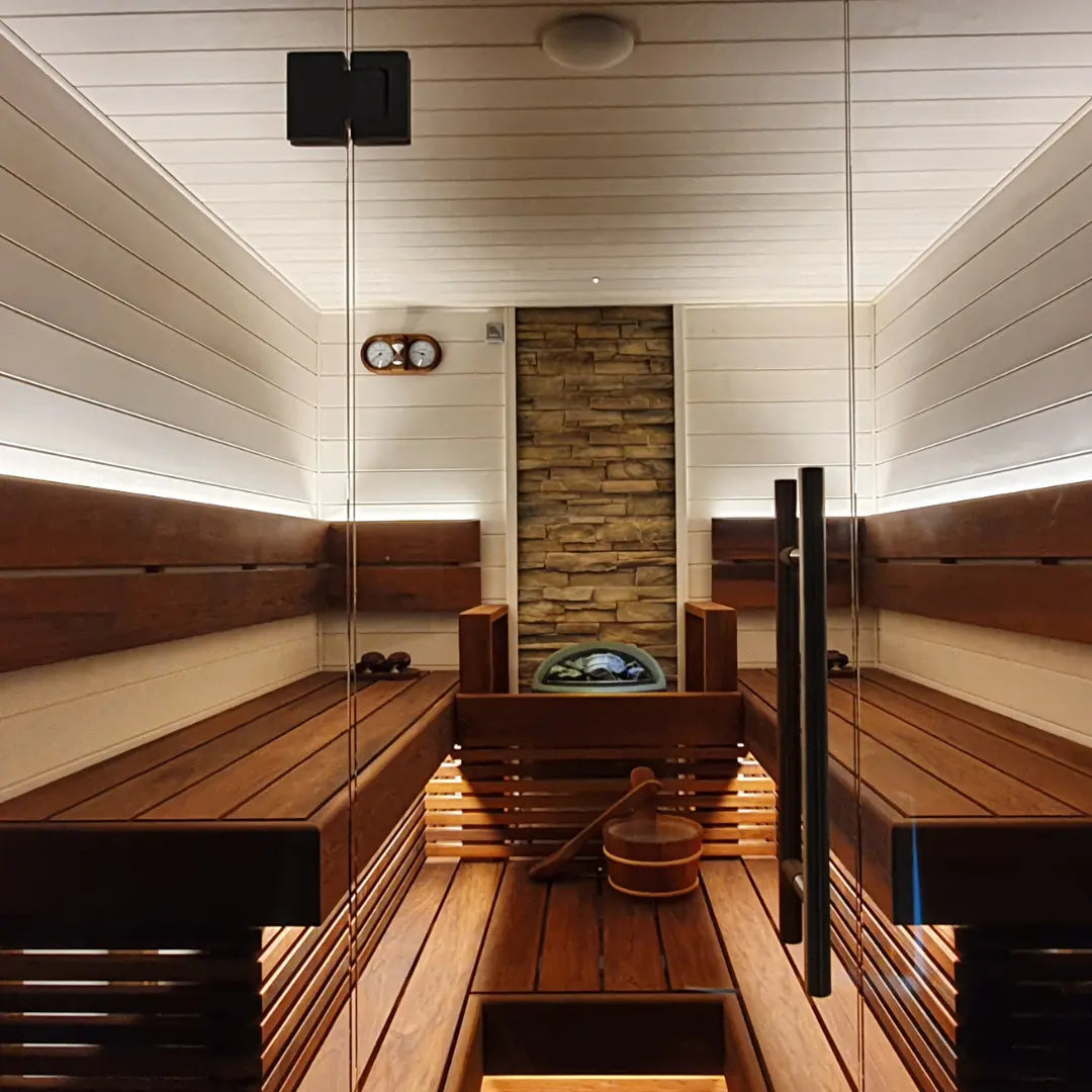 Custom sauna with across benches and white wall cladding