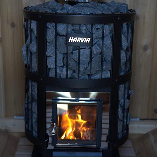 Harvia Legend 240 21kW Wood Burning Stove Package w/ Chimney Kit, Rock Cage, Protective Bedding, Sheath, Stones