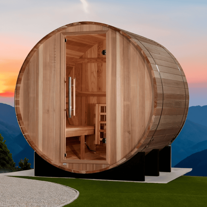 Golden Designs St. Moritz 2-4 Person Cedar Barrel Sauna & Harvia The Wall Electric Heater Kit | GDI-B002-01