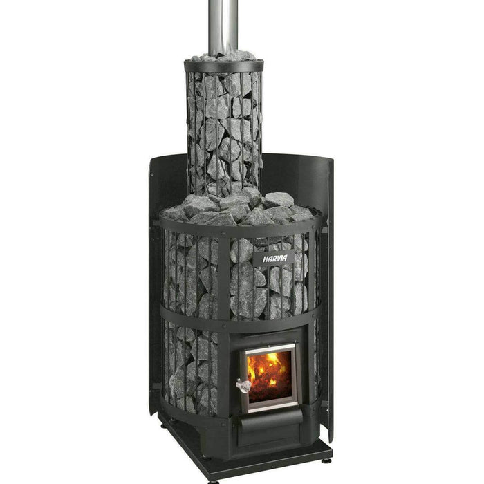 Paquete de estufa de leña Harvia Legend 240 de 21 kW con kit de chimenea, jaula para rocas, lecho protector, funda y piedras